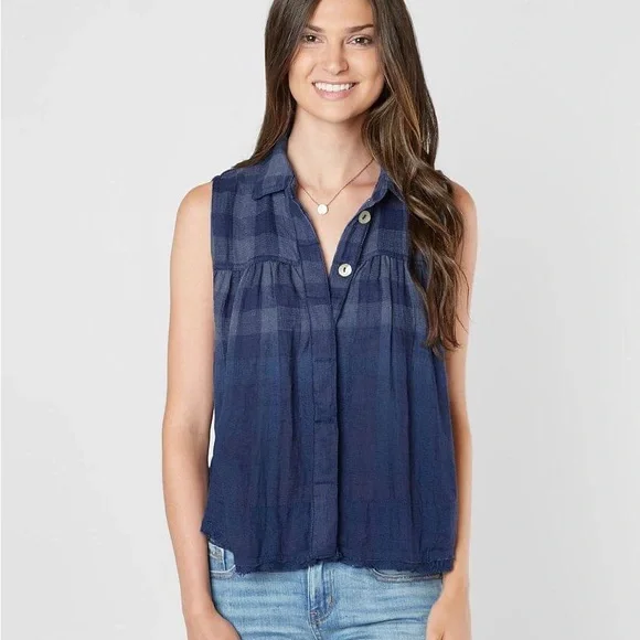 Free People Hey There Sunrise Button Down Gingham Sleeveless Shirt Blue M - Picture 2 of 15